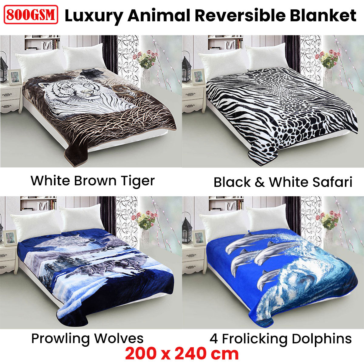 800GSM Luxury Reversible Animal Mink Blanket Queen 200 x 240 cm Frolicking Dolphins V442-ABR-BLANKET-800GSM22FROLICKDOLPHI-BLUE-QS