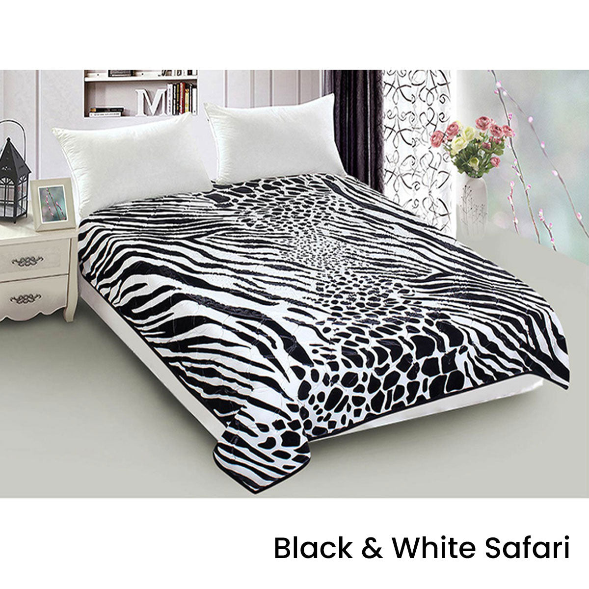 800GSM Luxury Reversible Animal Mink Blanket Queen 200 x 240 cm White Black Safari V442-ABR-BLANKET-800GSM22SAFARI-WHITEBLACK-QS
