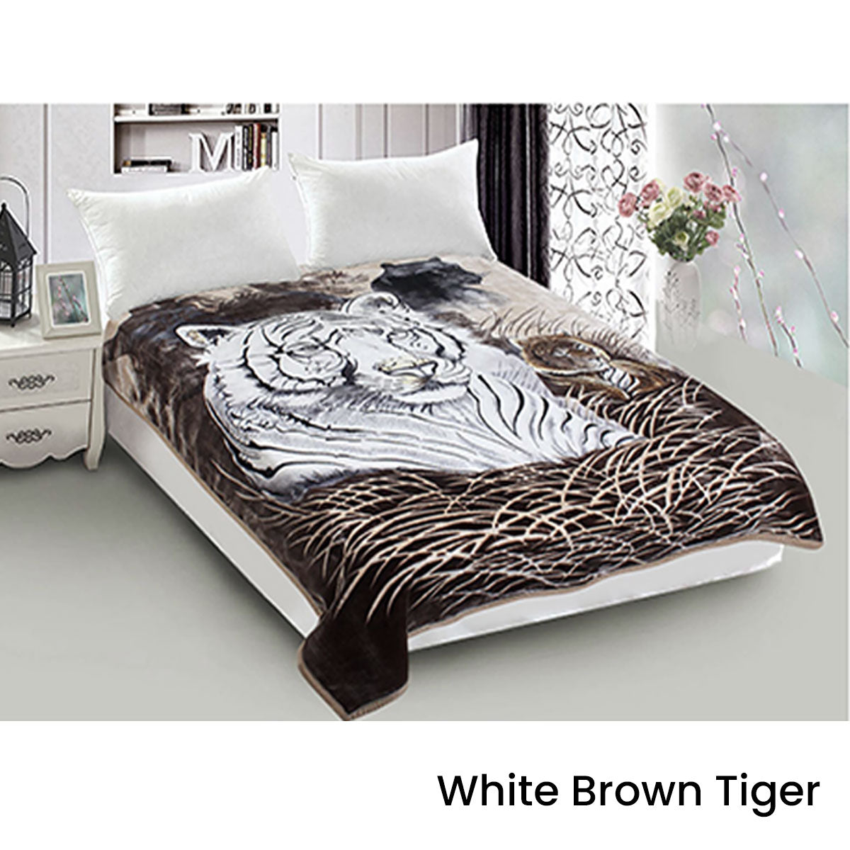 800GSM Luxury Reversible Animal Mink Blanket Queen 200 x 240 cm White Brown Tiger V442-ABR-BLANKET-800GSM22TIGER-WHITEBROWN-QS