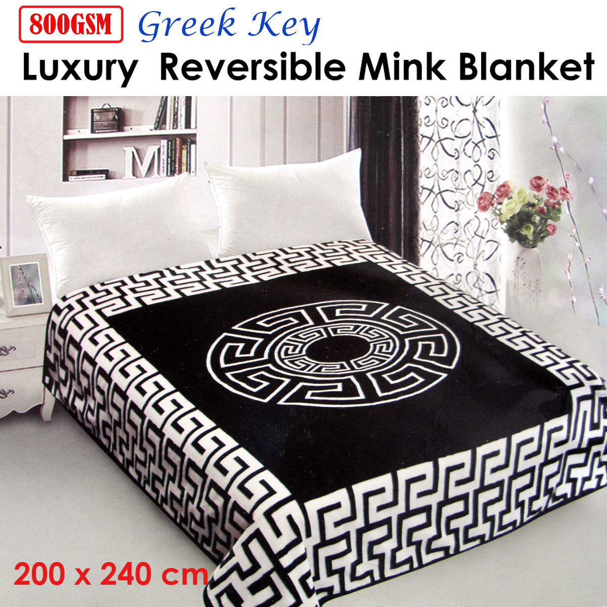 800GSM Luxury Reversible Mink Blanket Greek Key Black Queen 200 x 240 cm V442-ABR-BLANKET-800GSMGREEKKEY-BLACK-QS