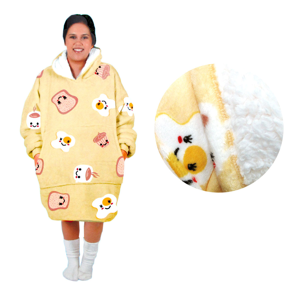 Adult Women Comfy Warm Blanket Hoodie with Sherpa Fleece Reverse Yellow Brekkie Time V442-ABR-BLANKET-ADULTHOODIEBREKKIE-YELLOW-SH