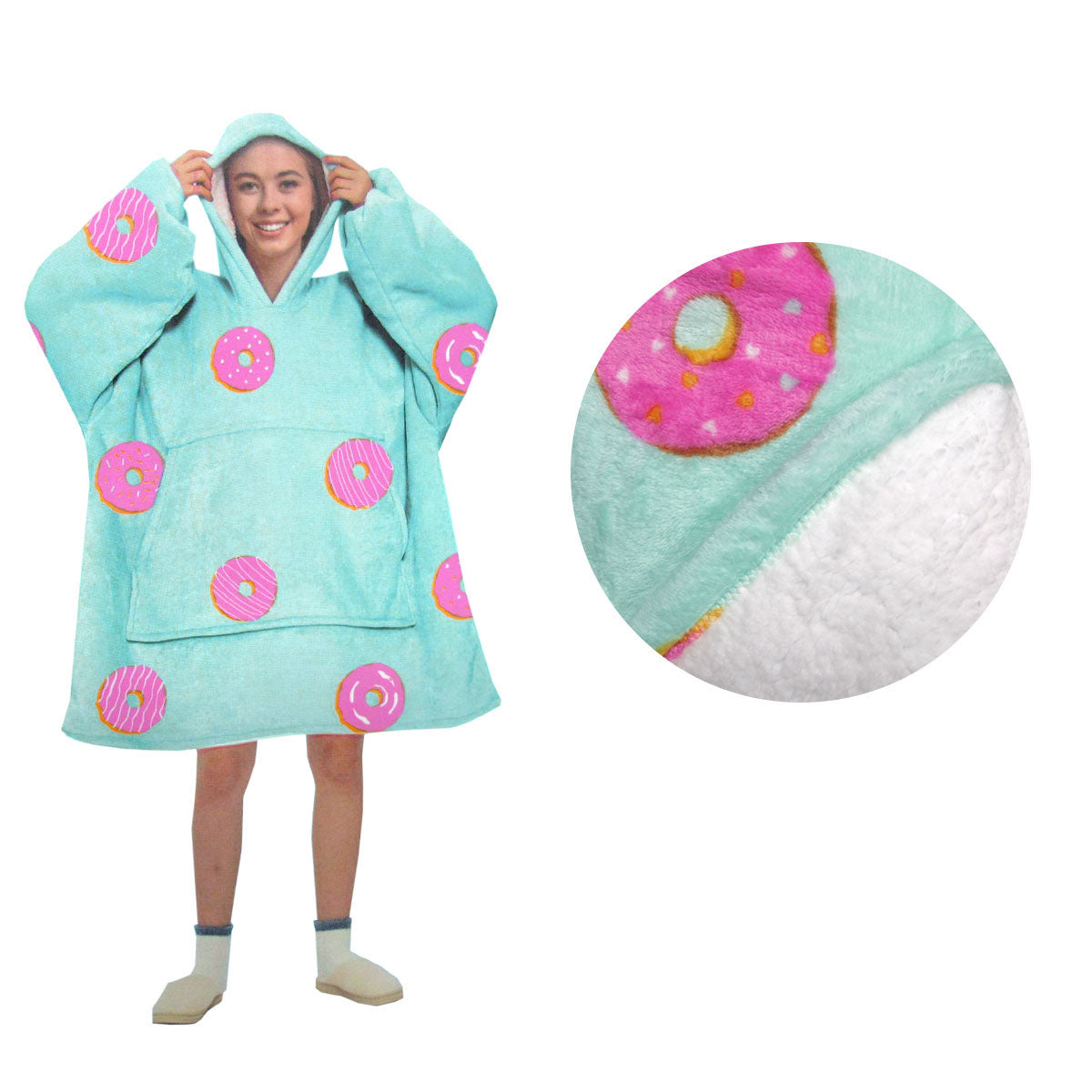 Blanket Hoodie with Sherpa Reverse Aqua Donuts V442-ABR-BLANKET-ADULTHOODIEDONUTS-AQUA-SH
