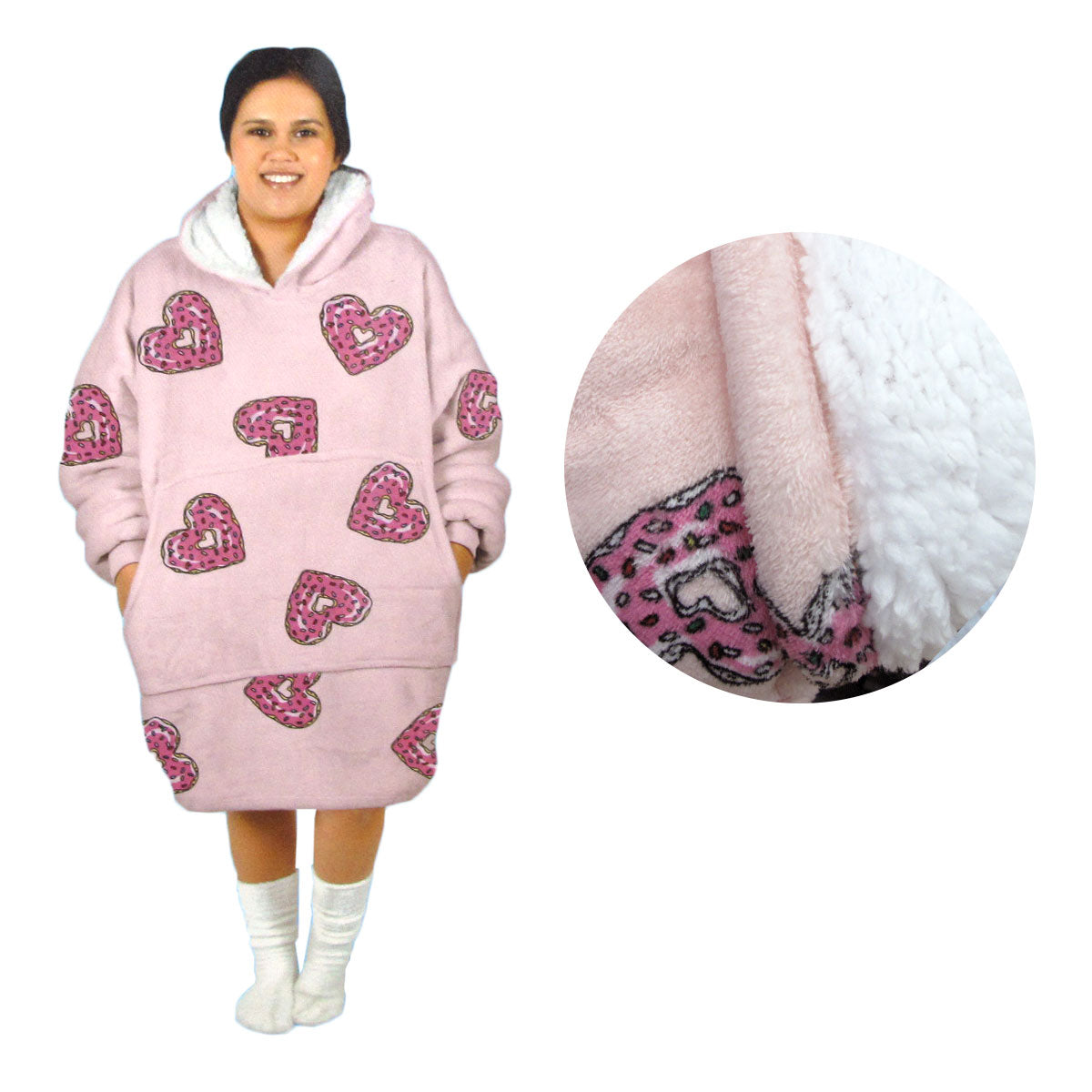 Adult Women Comfy Warm Blanket Hoodie with Sherpa Fleece Reverse Pink Hearts V442-ABR-BLANKET-ADULTHOODIEHEARTS-PINK-SH