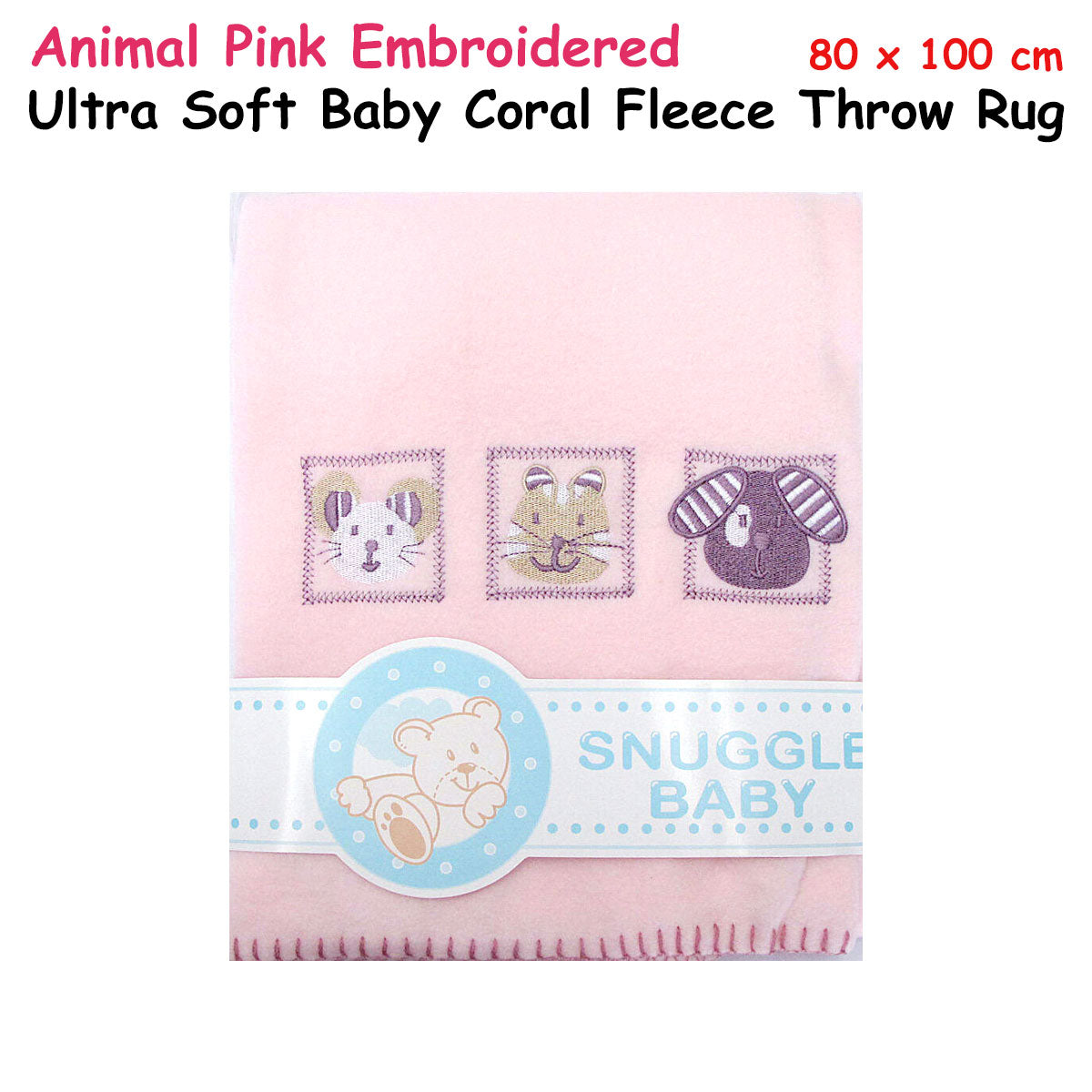 Animal Pink Embroidered Polar Fleece Baby Blanket 80 x 100 cm V442-ABR-BLANKET-BABYANIMAL-PINK-RE