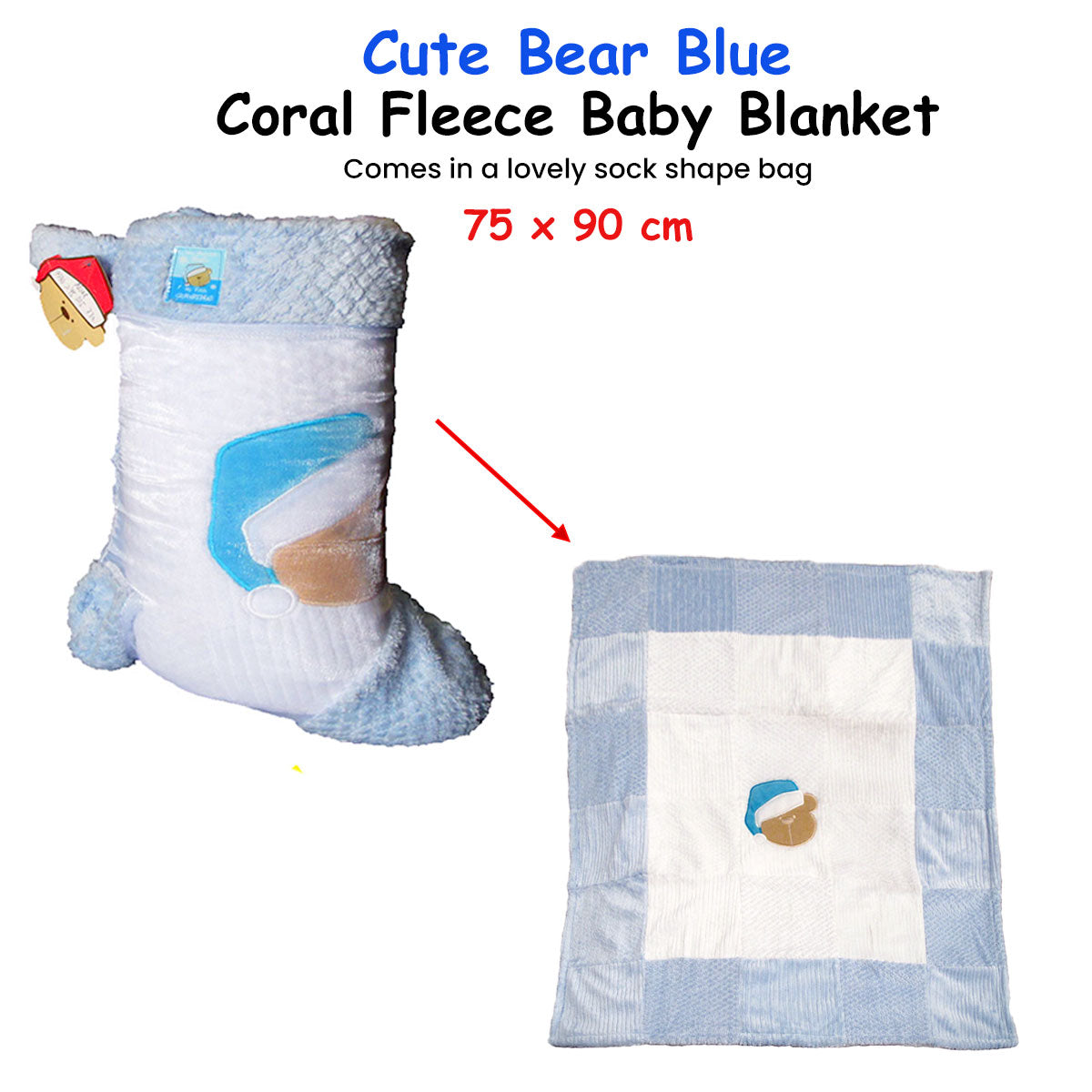 Cute Bear Blue Coral Fleece Baby Blanket 75 x 90 cm V442-ABR-BLANKET-BABYBEAR-BLUE-RE