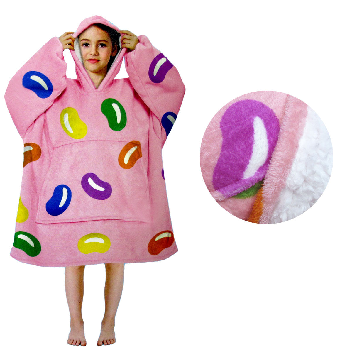 Girls Comfy Warm Blanket Hoodie with Sherpa Fleece Reverse Jelly Beans V442-ABR-BLANKET-GHOODIEJELLYBEANS-PINK-SH