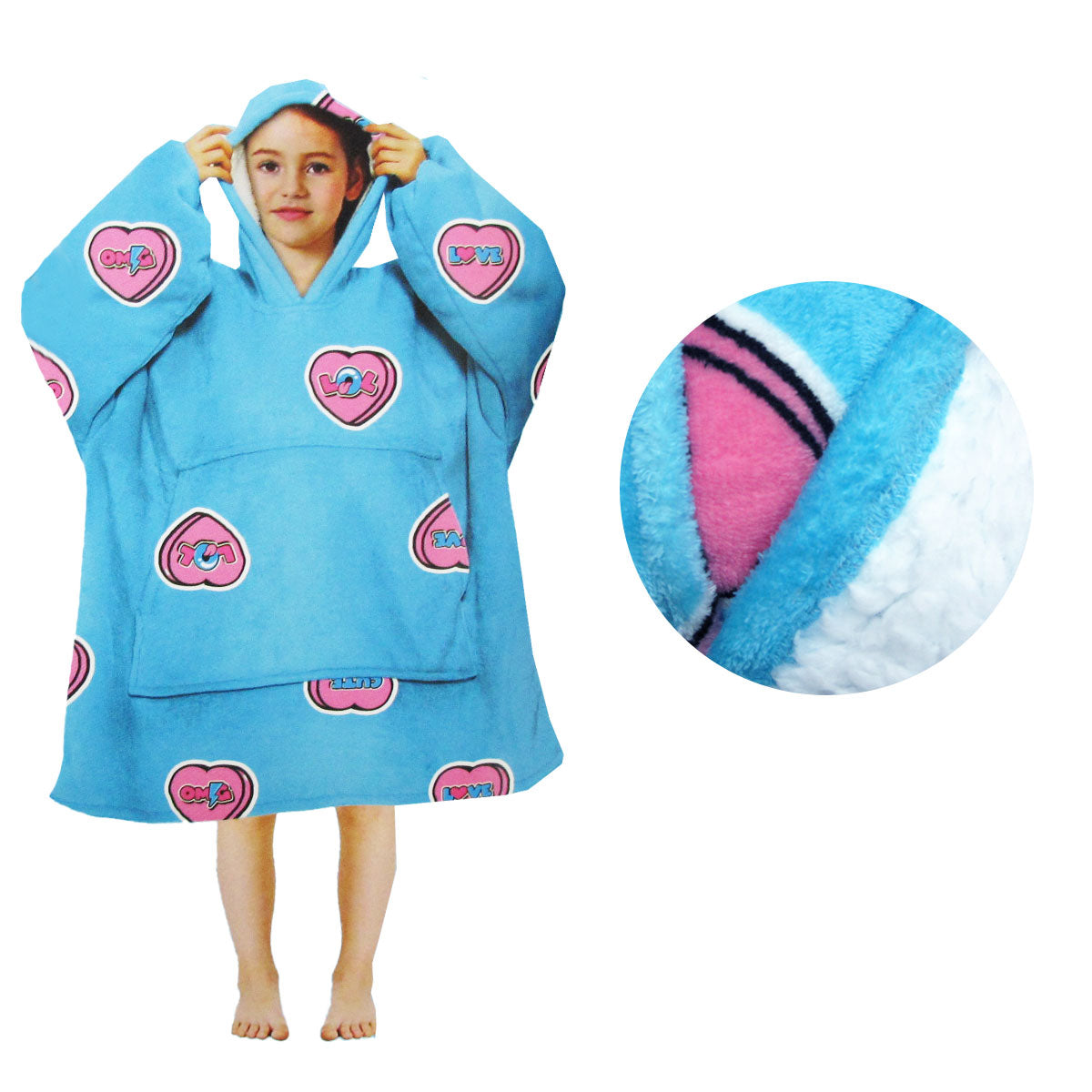 Girls Comfy Warm Blanket Hoodie with Sherpa Fleece Reverse Love Hearts V442-ABR-BLANKET-GHOODIELOVEHEARTS-BLUE-SH
