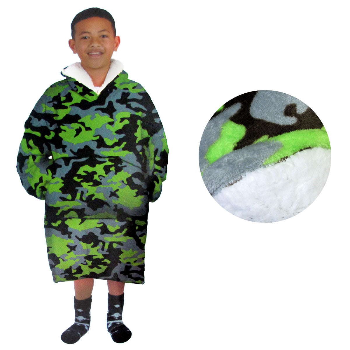 Blanket Hoodie with Sherpa Reverse Green Camouflage V442-ABR-BLANKET-KIDSHOODIECAMOUFLAGE-GREEN-SH