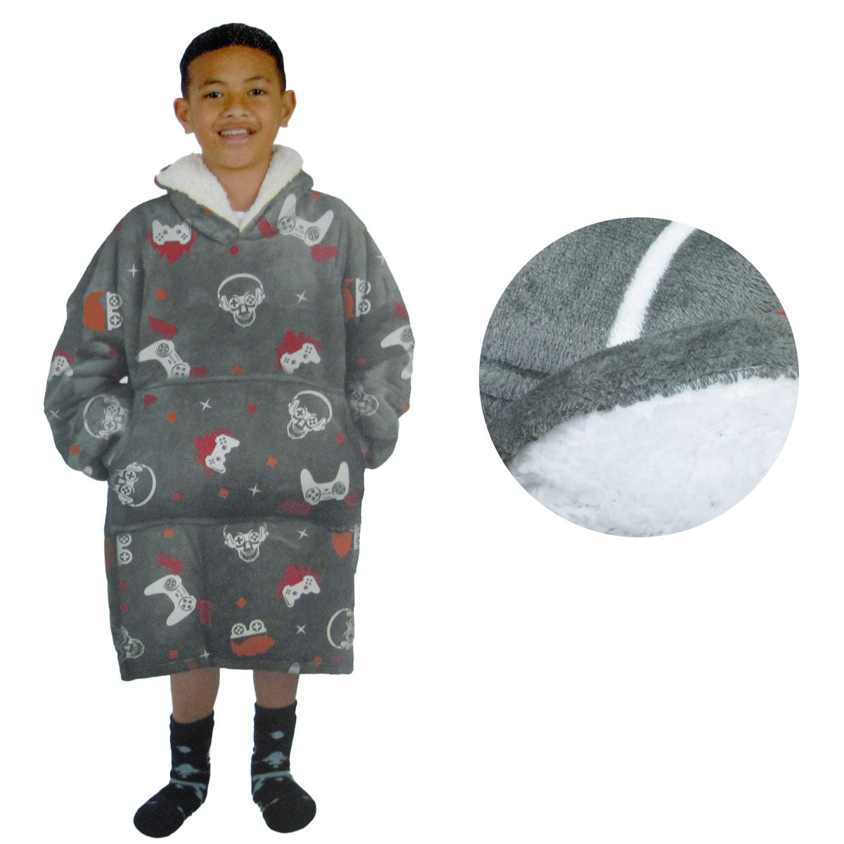 Blanket Hoodie with Sherpa Reverse Grey Gamers V442-ABR-BLANKET-KIDSHOODIEGAMERS-GREY-SH