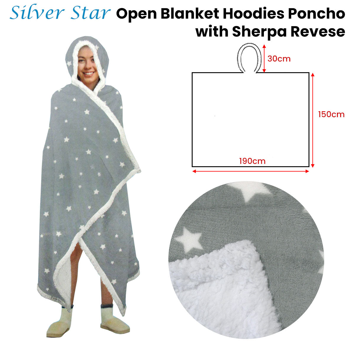 Adult Men Women Open Blanket Hoodie Poncho with Sherpa Fleece Reverse Silver Star V442-ABR-BLANKET-OPENHOODIESTAR-SILVER-SH