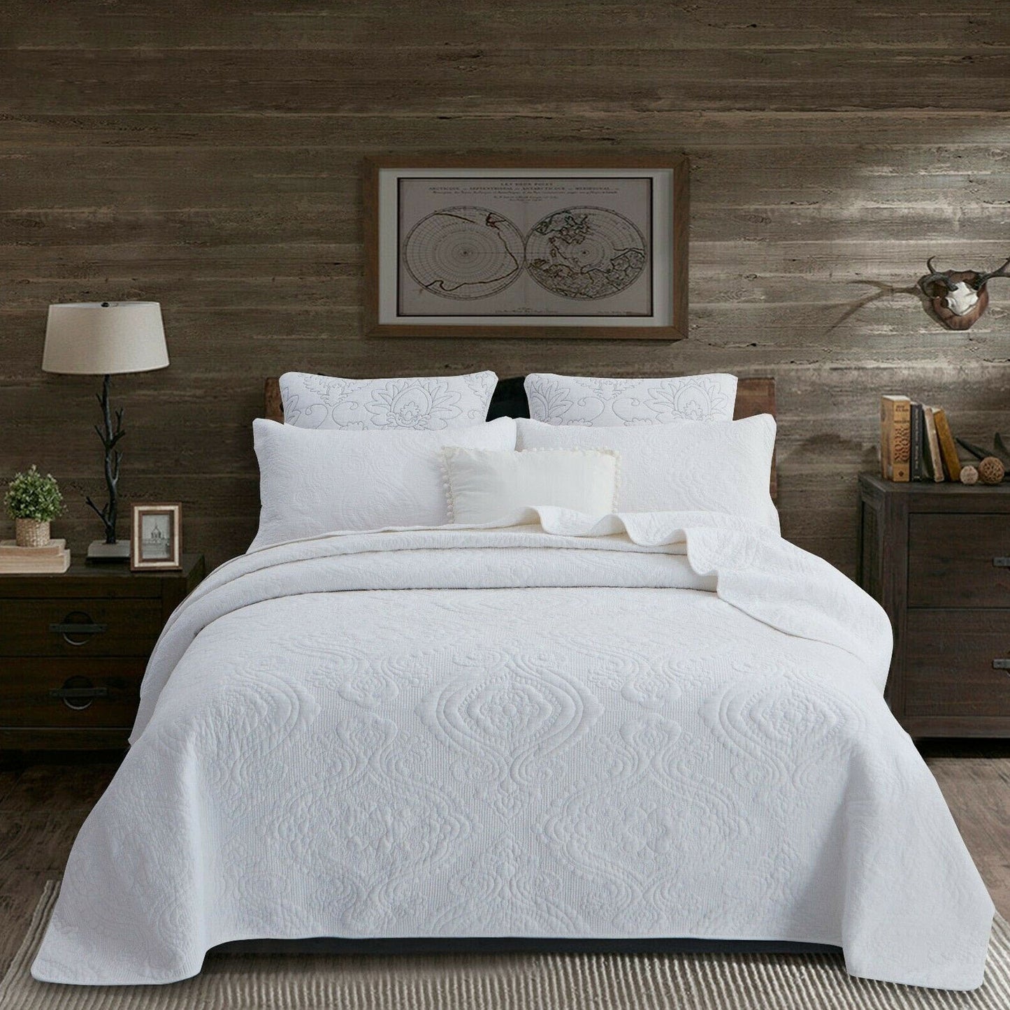 100% Cotton Coverlet Set Damask White Queen V442-ABR-COVERLET-DAMASK-WHITE-QS