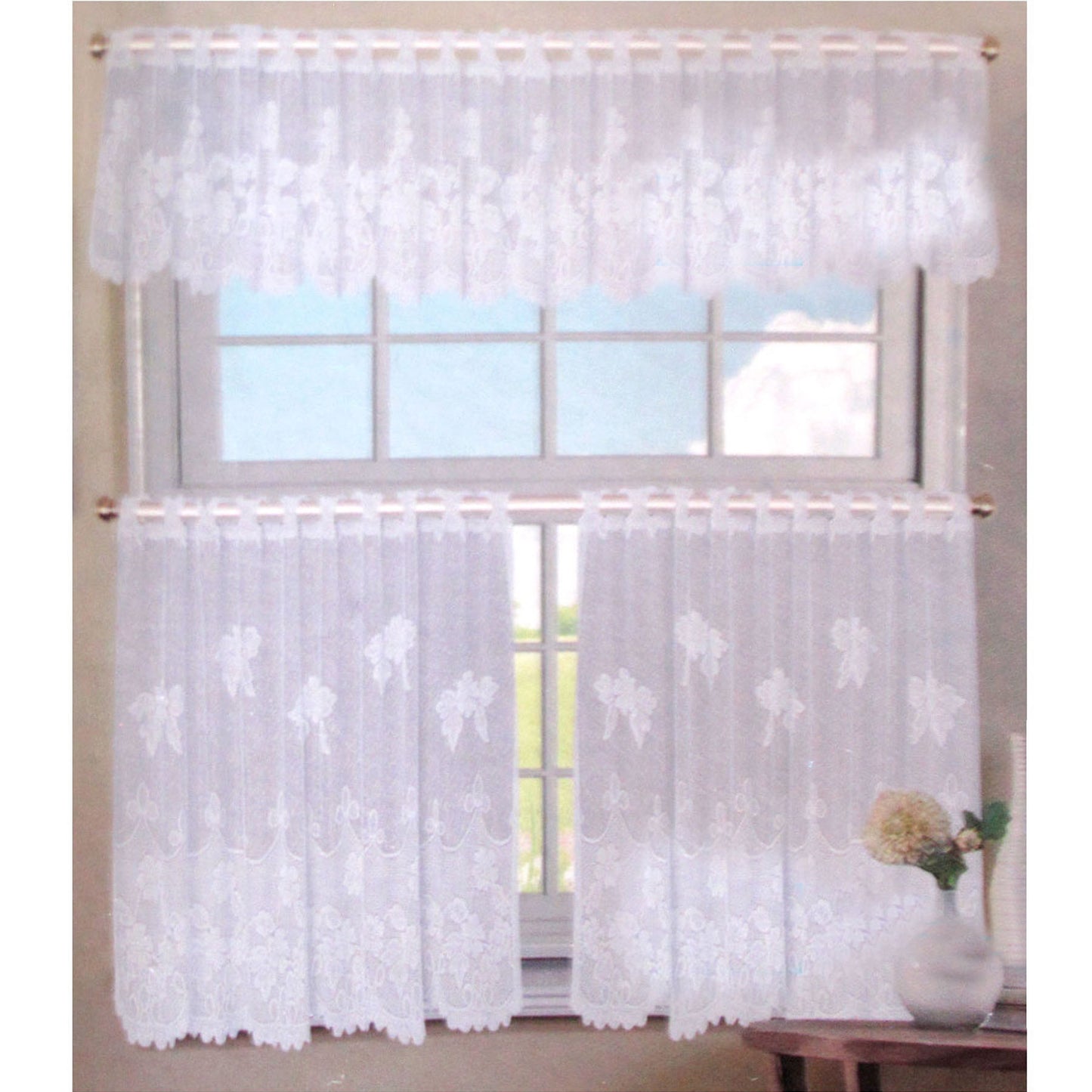 3 Pce Cafe Flora Lace Curtain Set V442-ABR-CURTAIN-3PCEFLORA-WHITE-RE