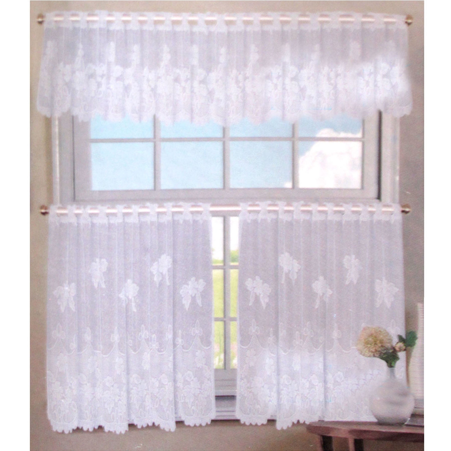 3 Pce Cafe Flora Lace Curtain Set V442-ABR-CURTAIN-3PCEFLORA-WHITE-RE