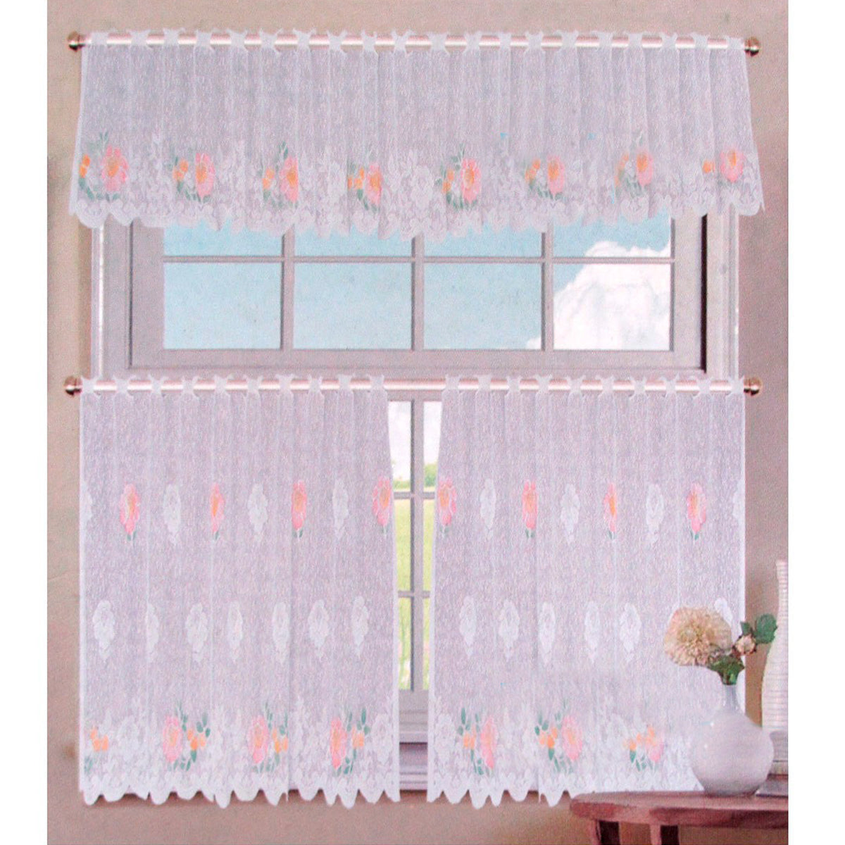 3 Pce Cafe Gardenia Lace Curtain Set V442-ABR-CURTAIN-3PCEGARDENIA-WHITE-RE