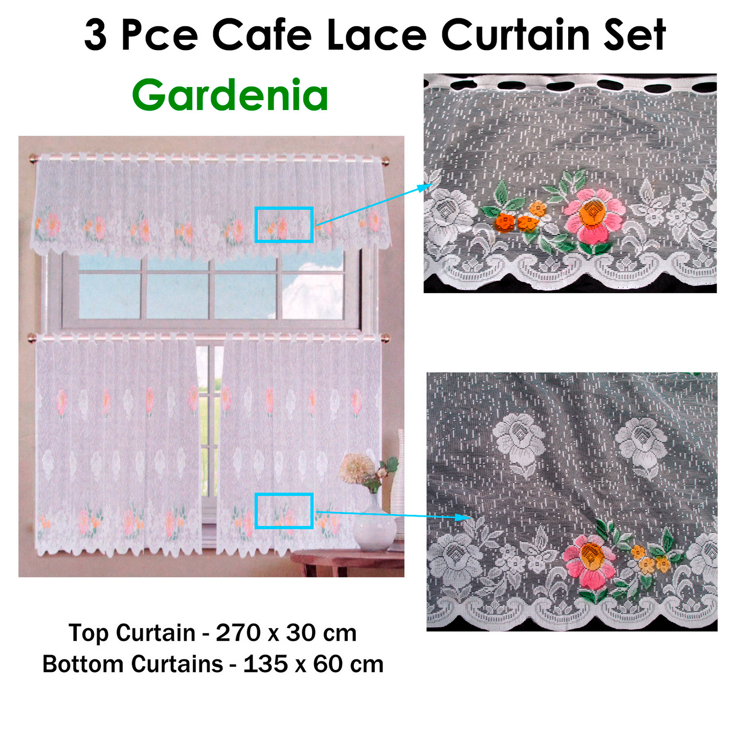 3 Pce Cafe Gardenia Lace Curtain Set V442-ABR-CURTAIN-3PCEGARDENIA-WHITE-RE