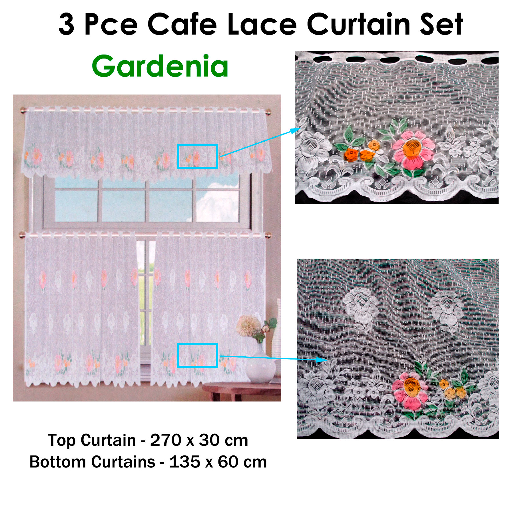 3 Pce Cafe Gardenia Lace Curtain Set V442-ABR-CURTAIN-3PCEGARDENIA-WHITE-RE