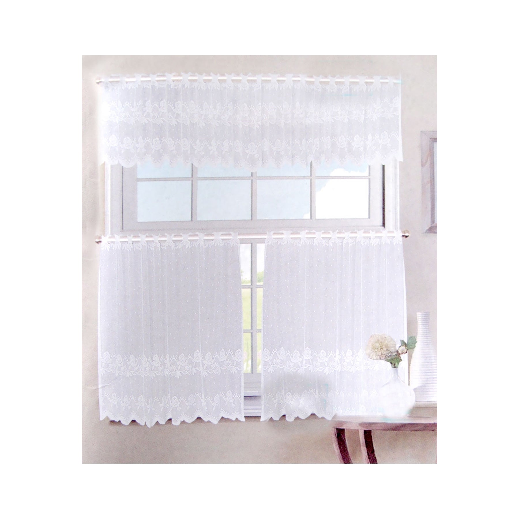 3 Pce Cafe Rose Lace Curtain Set V442-ABR-CURTAIN-3PCEROSE-WHITE-RE