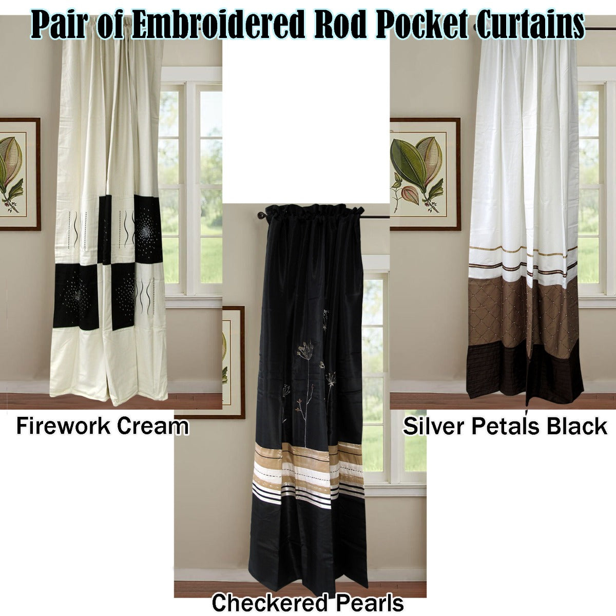 Pair of Embroidered Rod Pocket Curtains 150 x 213cm each Silver Petals V442-ABR-CURTAIN-EMBPETALS-BLACK-RE
