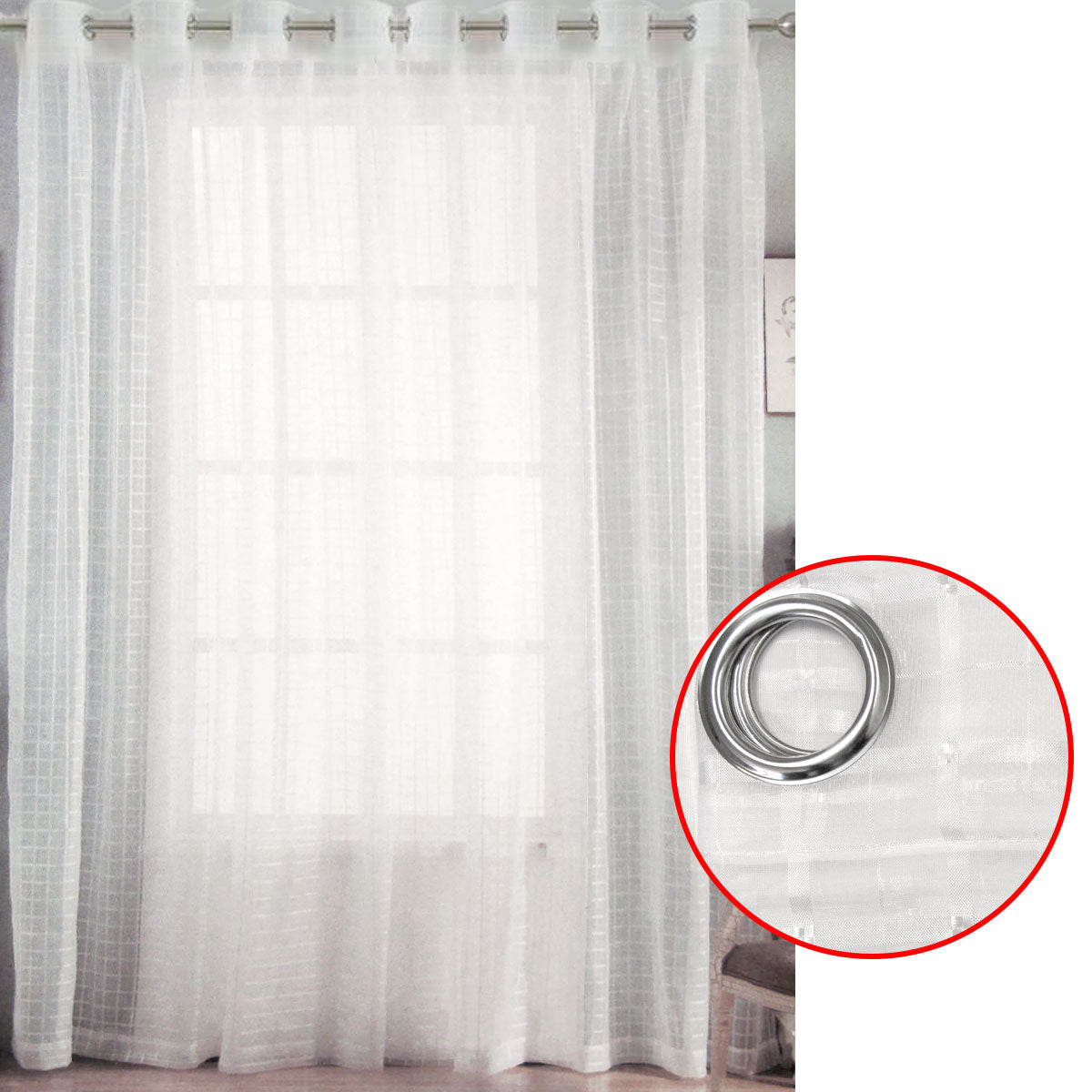 Pair of White Checkered Eyelet Sheer Curtains 140 x 225cm V442-ABR-CURTAIN-EYELETSHEERCHECKERED-WHITE-RE