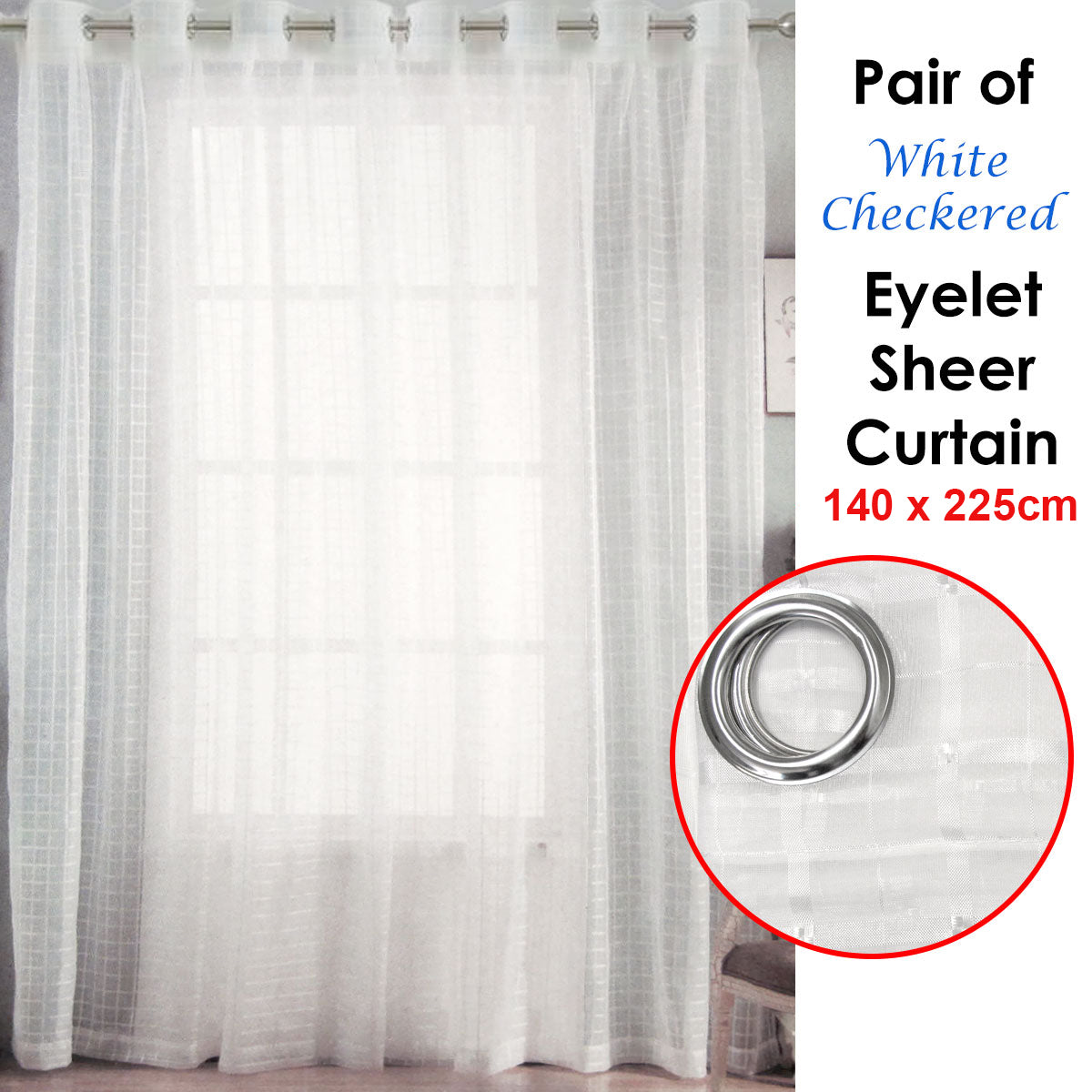 Pair of White Checkered Eyelet Sheer Curtains 140 x 225cm V442-ABR-CURTAIN-EYELETSHEERCHECKERED-WHITE-RE