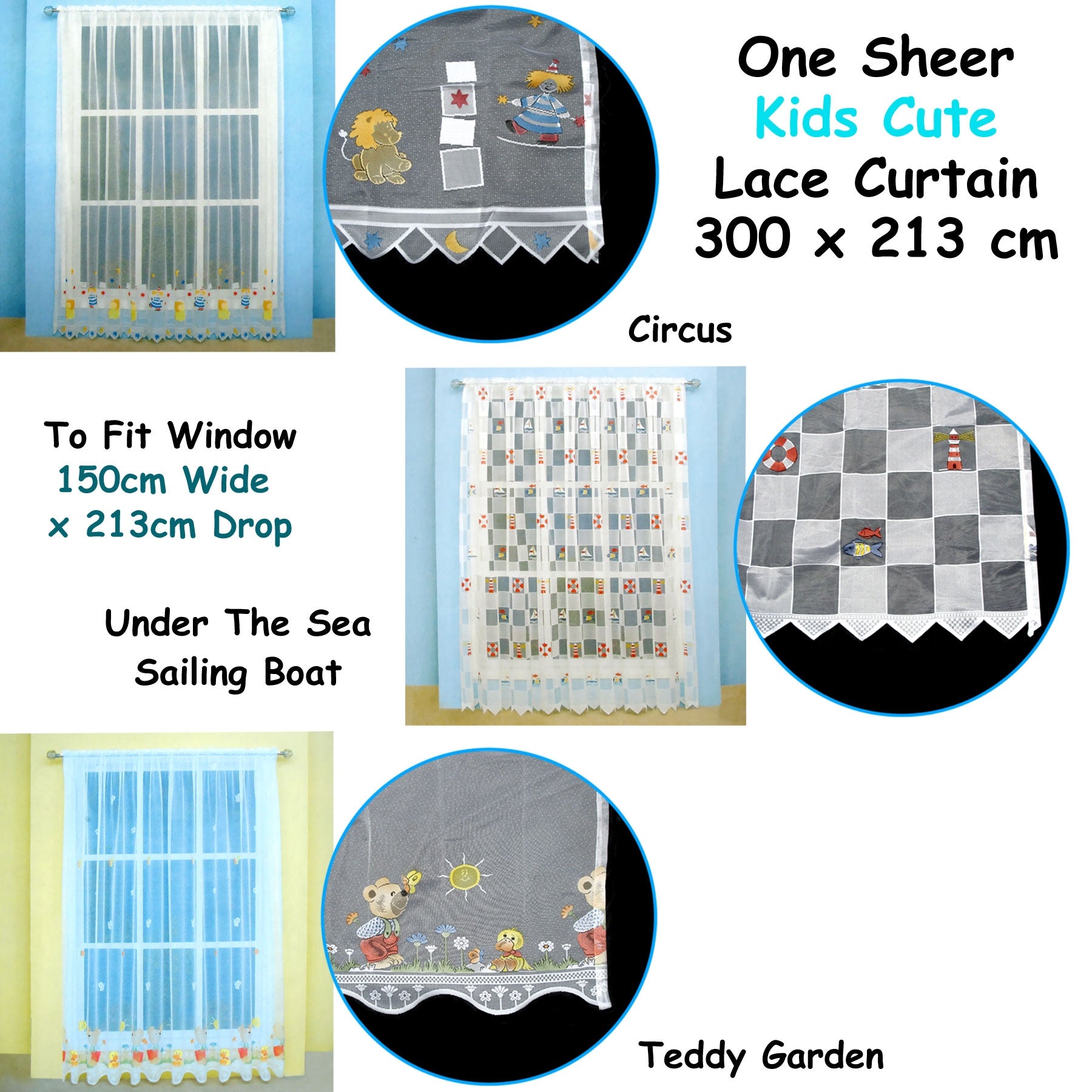 One Piece Kids CuteSheer Lace Curtain Circus V442-ABR-CURTAIN-LACECIRCUS-WHITE-RE