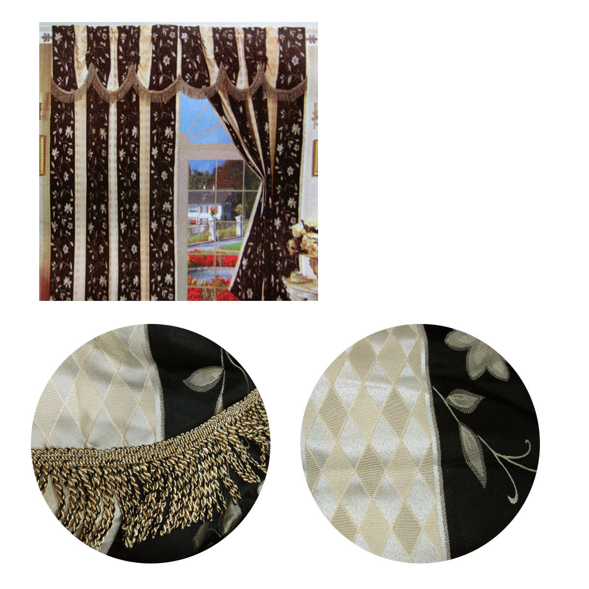 Pair of Caria Black Jacquard Tassels Unlined Curtains 145 x 210 cm V442-ABR-CURTAIN-PAIRCARIA-BLACK-RE