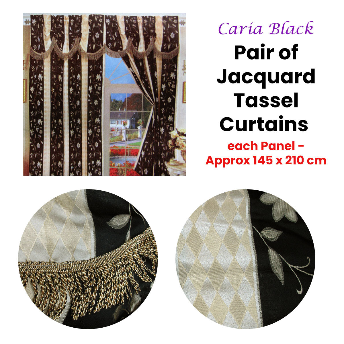 Pair of Caria Black Jacquard Tassels Unlined Curtains 145 x 210 cm V442-ABR-CURTAIN-PAIRCARIA-BLACK-RE