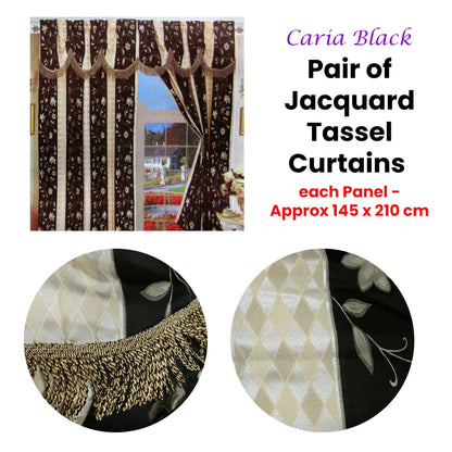 Pair of Caria Black Jacquard Tassels Unlined Curtains 145 x 210 cm V442-ABR-CURTAIN-PAIRCARIA-BLACK-RE