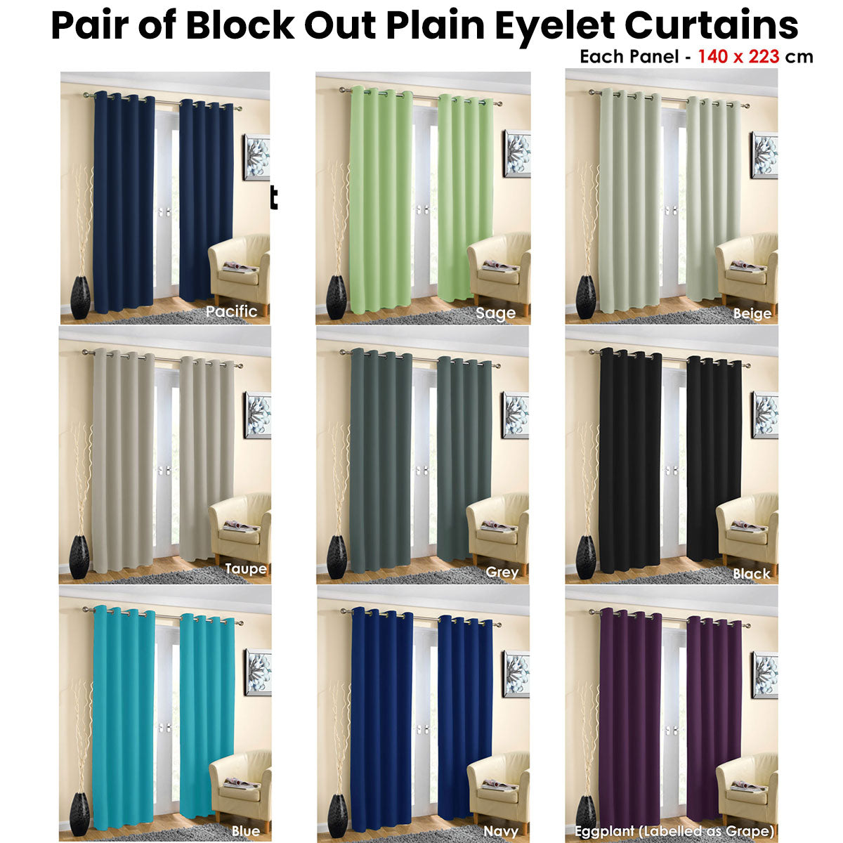 Pair of Blockout Plain Eyelet Curtains Blue V442-ABR-CURTAIN-PLAINEYELET-BLUE-RE