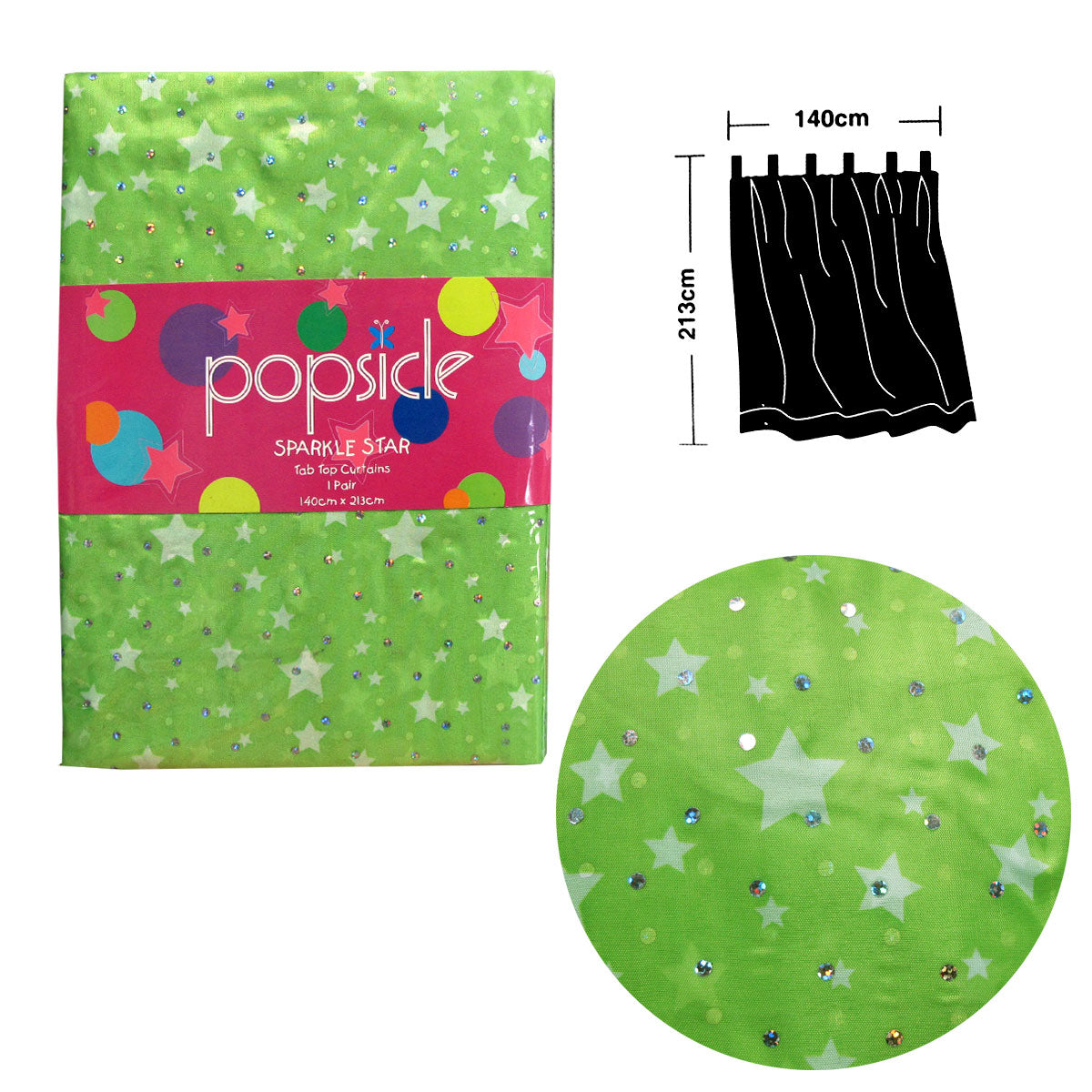 Pair of Organza Sequined Tab Top Curtains Sparkle Star Lime Green 140 x 213 cm V442-ABR-CURTAIN-SPARKLESTAR-LIME-RE
