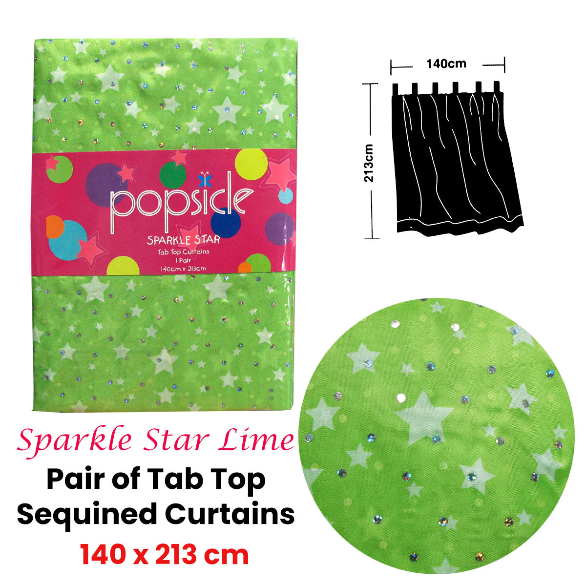 Pair of Organza Sequined Tab Top Curtains Sparkle Star Lime Green 140 x 213 cm V442-ABR-CURTAIN-SPARKLESTAR-LIME-RE
