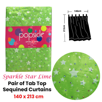 Pair of Organza Sequined Tab Top Curtains Sparkle Star Lime Green 140 x 213 cm V442-ABR-CURTAIN-SPARKLESTAR-LIME-RE