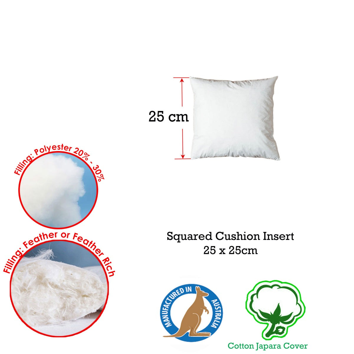 Duck Feather Rich Fill Cushion Inserter Square 25 x 25cm V442-ABR-CUSHION-FEATHERINSERT25CM-WHITE-SQ