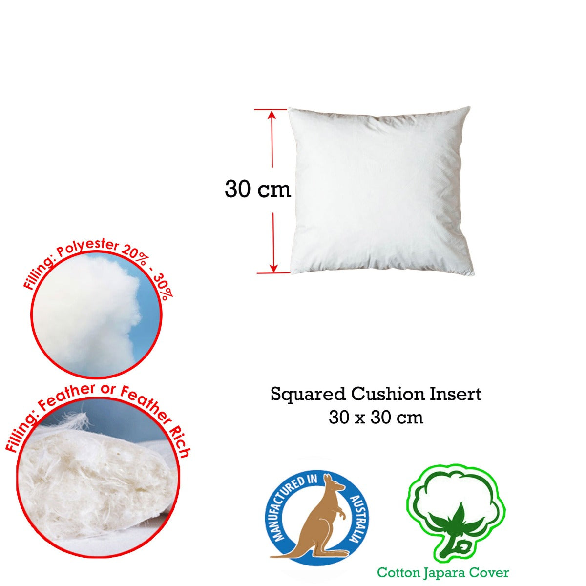 Duck Feather Rich Fill Cushion Inserter Square 30 x 30cm V442-ABR-CUSHION-FEATHERINSERT30CM-WHITE-SQ