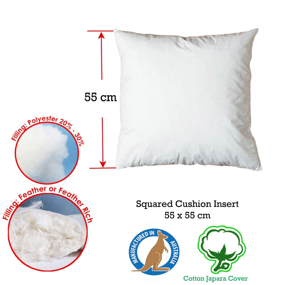 Duck Feather Rich Fill Cushion Inserter Square 55 x 55cm V442-ABR-CUSHION-FEATHERINSERT55CM-WHITE-SQ