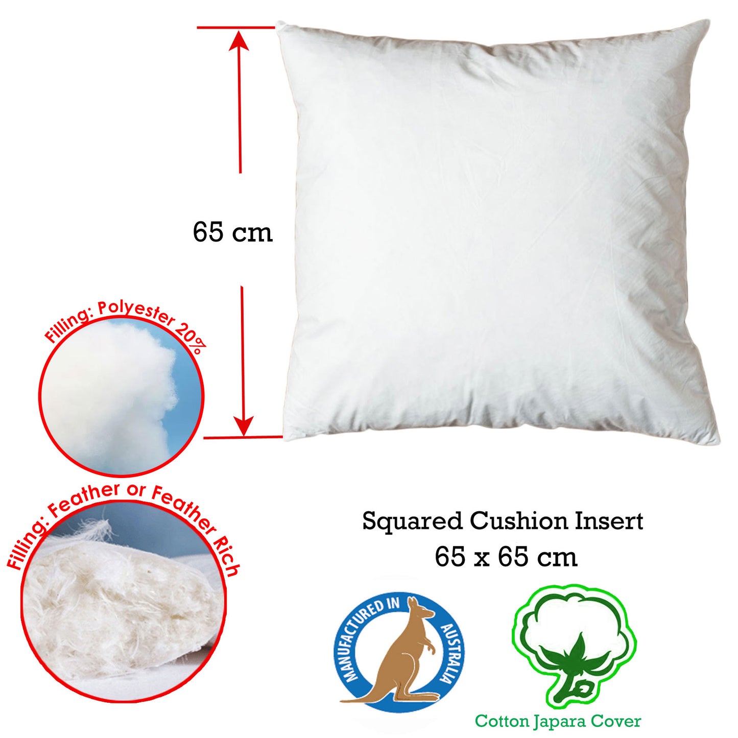 Duck Feather Rich Fill Cushion Inserter Square 65 x 65 cm V442-ABR-CUSHION-FEATHERINSERT65CM-WHITE-SQ