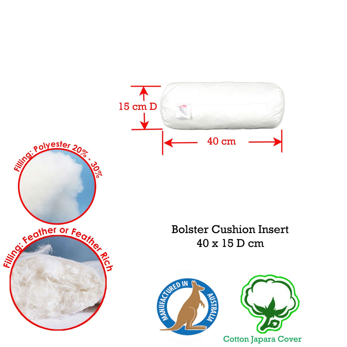 Duck Feather Rich Fill Neckroll 15 x 40cm V442-ABR-CUSHION-FEATHERNECKROLL-WHITE-NK