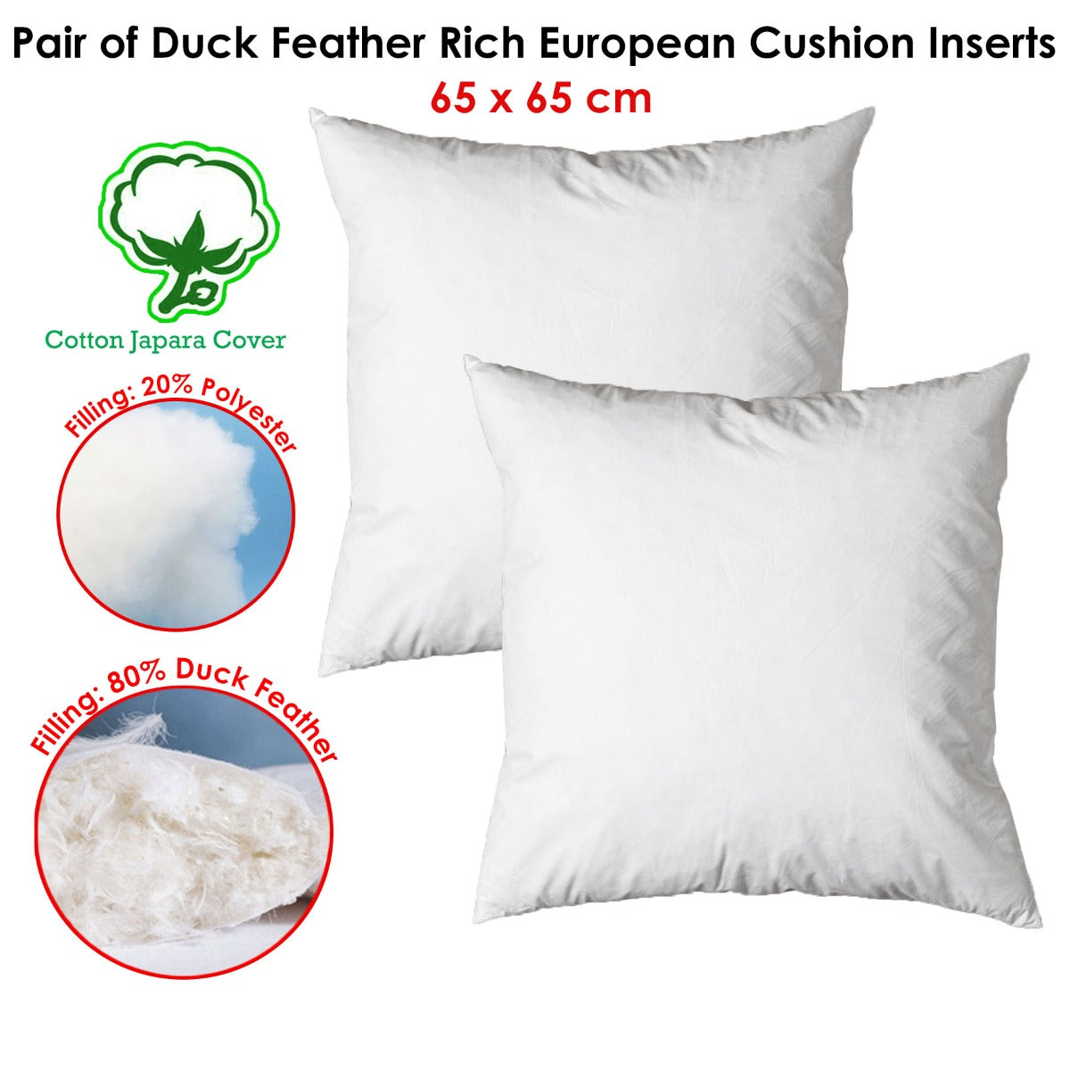 Pair of Duck Feather Rich Fill European Cushion Inserter 65 x 65 cm V442-ABR-CUSHION-PAIRFEATHER65CM-WHITE-EU