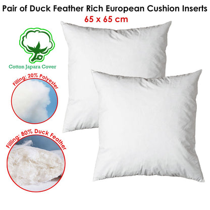 Pair of Duck Feather Rich Fill European Cushion Inserter 65 x 65 cm V442-ABR-CUSHION-PAIRFEATHER65CM-WHITE-EU