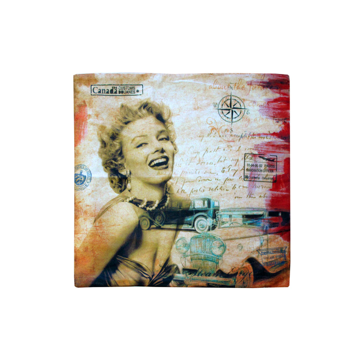 Marilyn Monroe Retro Cars Square Cushion Cover V442-ABR-CUSHIONC-MMRETROCARS-TAUPE-SQ