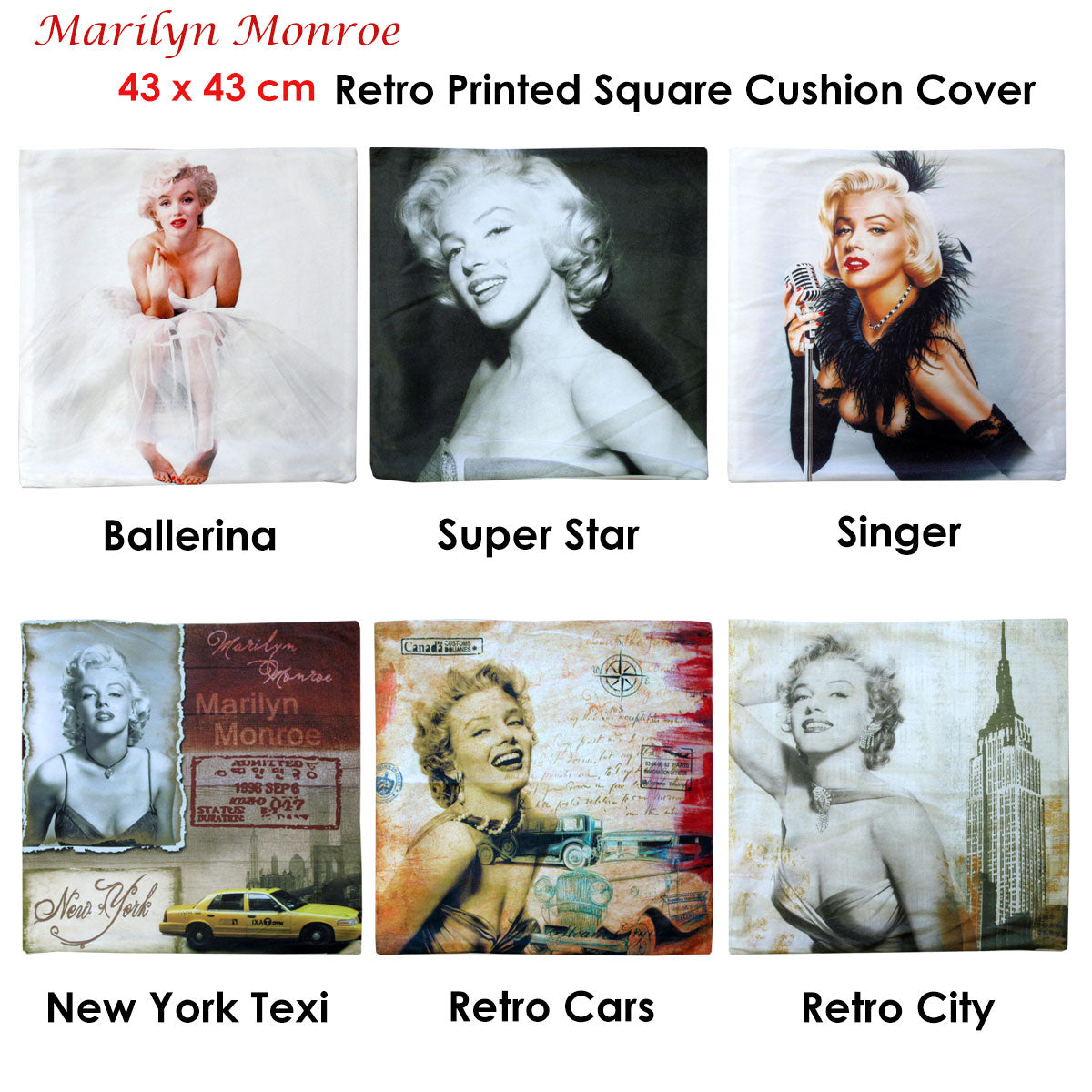 Marilyn Monroe Retro Cars Square Cushion Cover V442-ABR-CUSHIONC-MMRETROCARS-TAUPE-SQ