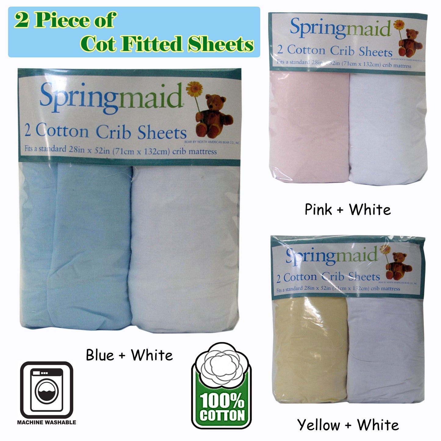 2 Piece of Baby Cot Cotton Fitted Sheet Yellow & White V442-ABR-FITTEDS-COTTON-YELLOW-CT