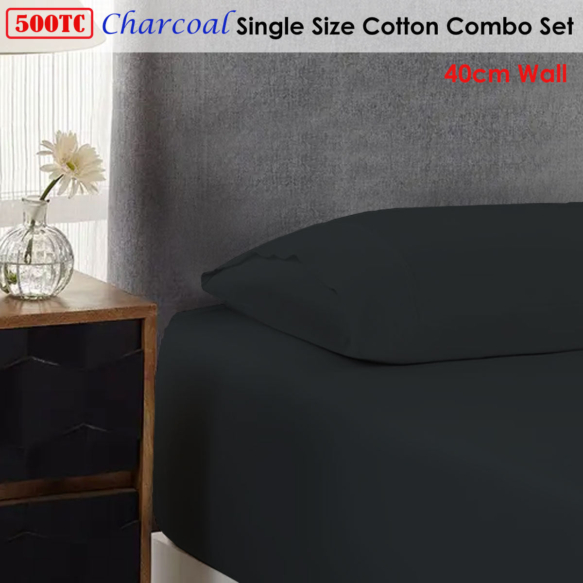 500TC Cotton Combo Set Charcoal Single 40cm Wall V442-ABR-FITTEDSS-500TCCOTTON-CHARCOAL-SB
