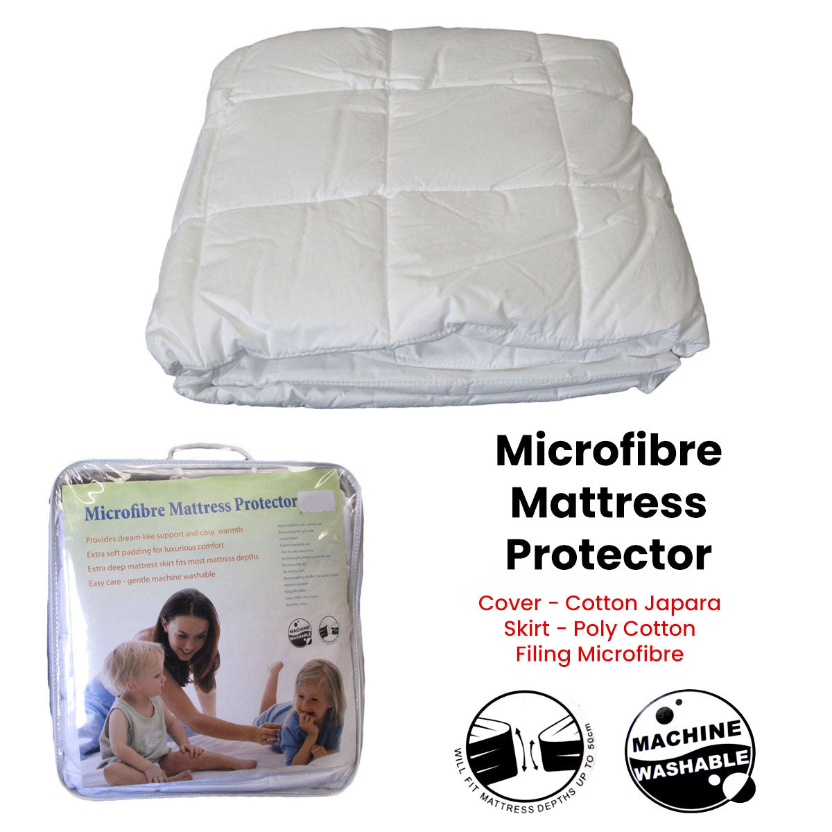 Cotton Japara Cover Microfiber Filling Mattress Protector Single V442-ABR-MATTRESSP-MICROFIBER-WHITE-SB