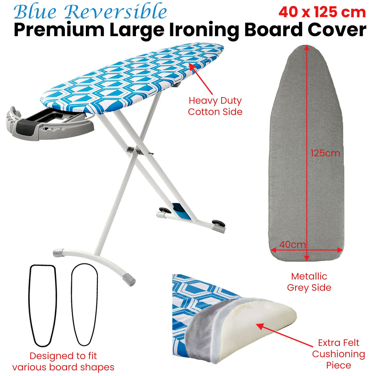 Blue Reversible Premium Large Ironing Board Cover with Underlay 40 x 125 cm V442-ABR-MISC-IRONINGCOVERREVERSIBLE-BLUE-SH