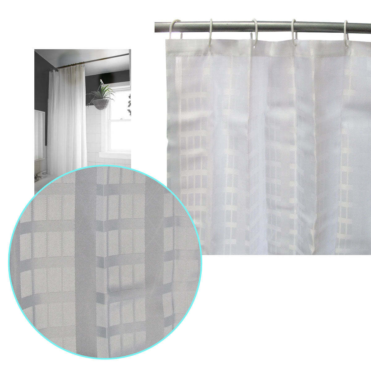 Jacquard White Checkered Bathroom Shower Curtain 180cm wide x 210 cm long V442-ABR-MISC-JACQUARDSHOWERCUR-WHITE-RE