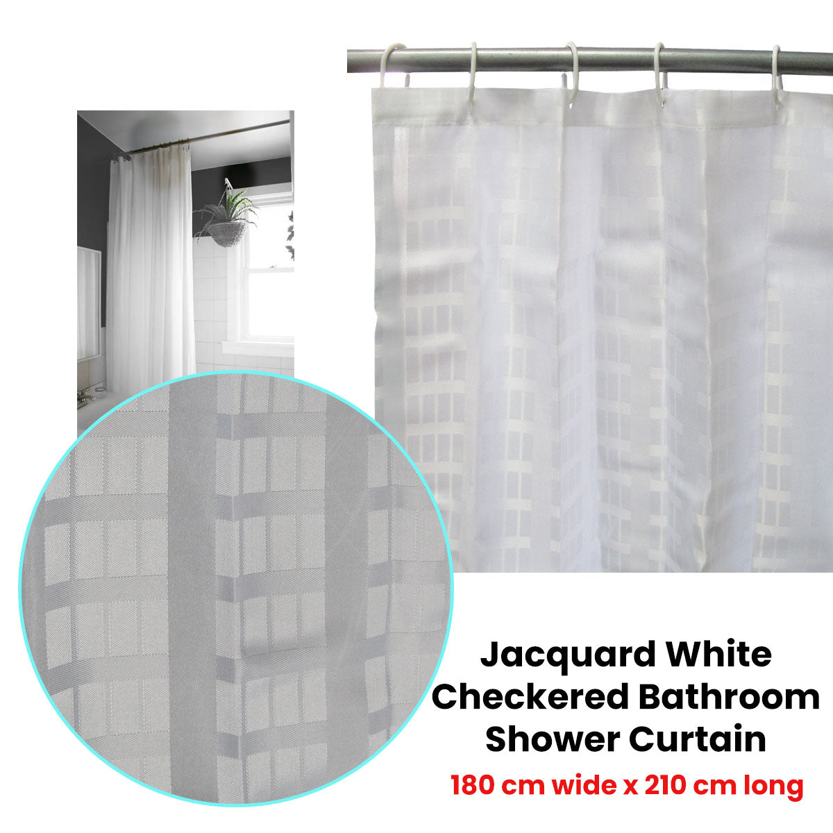 Jacquard White Checkered Bathroom Shower Curtain 180cm wide x 210 cm long V442-ABR-MISC-JACQUARDSHOWERCUR-WHITE-RE