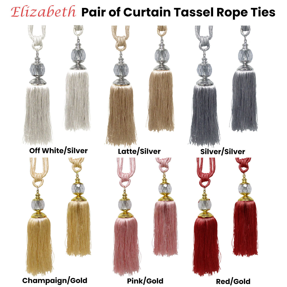 Elizabeth Pair of Curtain Tassel Rope Ties Latte/Silver V442-ABR-MISC-PAIRELIZABETHTIES-LATTE-SH