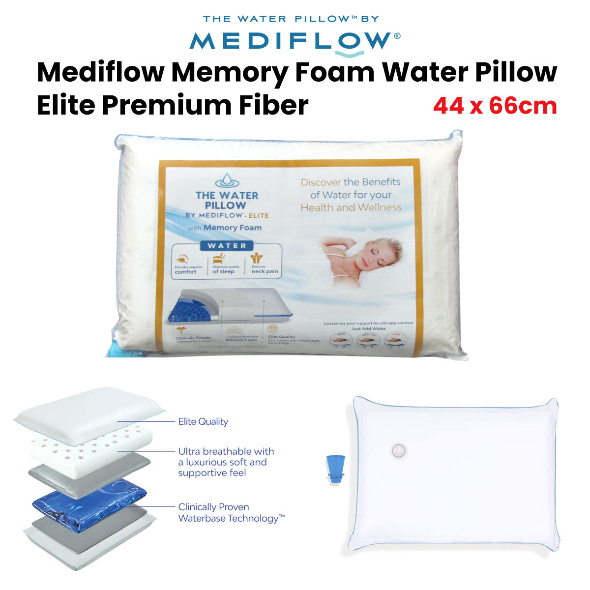 Mediflow Elite Premium Fiber Memory Foam Water Pillow 44 x 66 cm V442-ABR-PILLOW-ELITEWATERFOAM-WHITE-ST