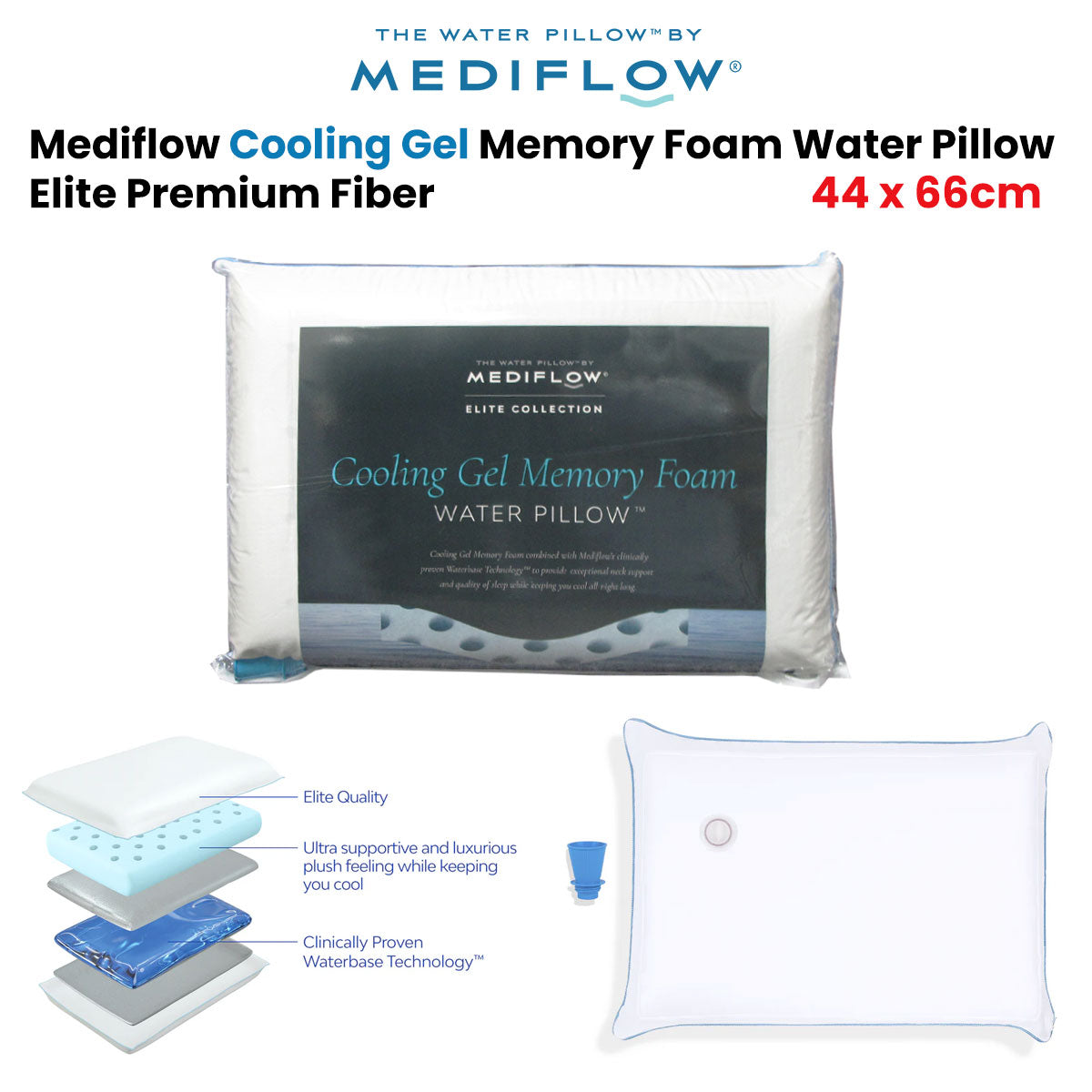 Mediflow Elite Premium Fiber Cooling Gel Memory Foam Water Pillow 44 x 66 cm V442-ABR-PILLOW-ELITEWATERGELFOAM-WHITE-ST